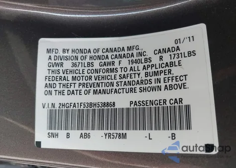2011 Honda Civic Lx from USA, damaged, VIN 2HGFA1F53BH538868